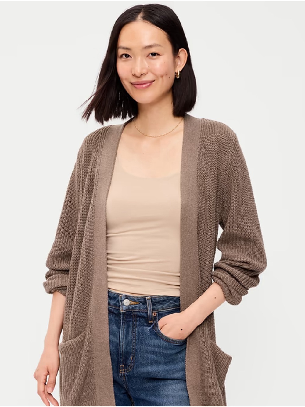 Old Navy Tall Cozy Open-Front Long Cardigan Sweater in Taupe